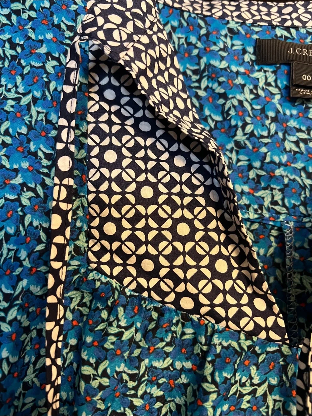 J. Crew Blue Patterned V-Neck Peasant Blouse